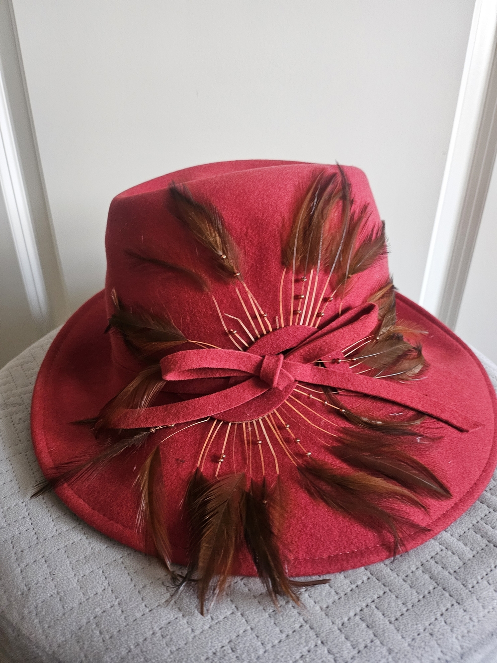 Red Vintage Feather Accent Wool Fedora Hat By Mary Franke